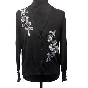 Once Again Black Sequin Floral Cardigan Sweater Size XL Metallic Cotton